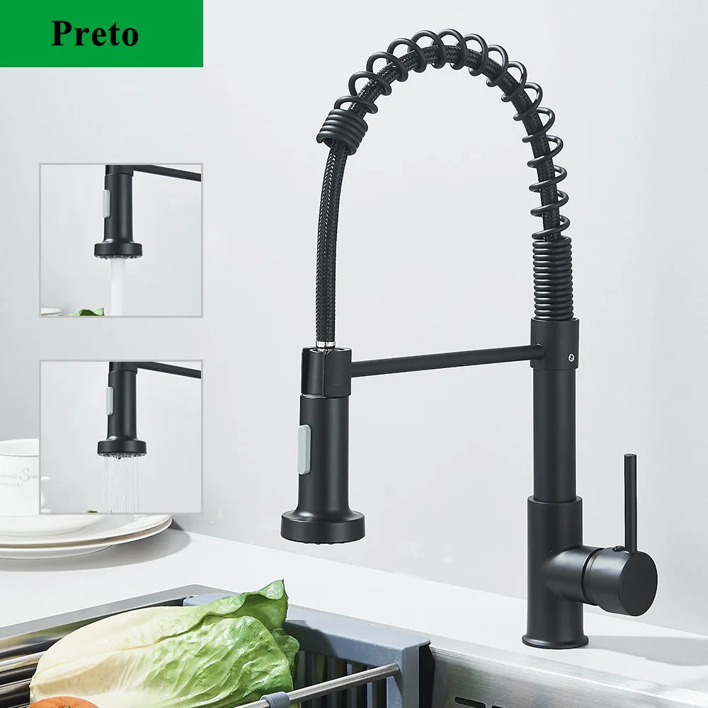 Torneira de cozinha cromada pull down, pia de cozinha, guindaste, bico giratório duplo, torneira misturadora de água quente e fria, instalação de deck