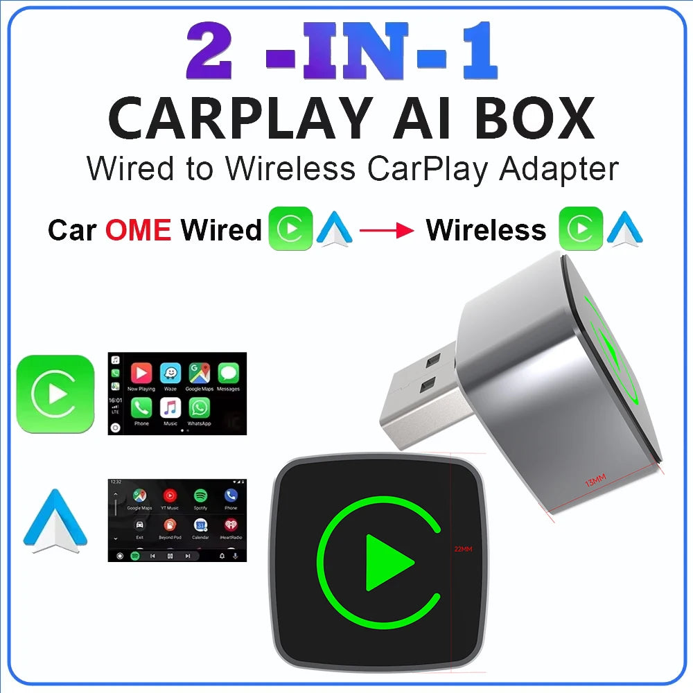 2 em 1 com fio para adaptador automotivo carplay android sem fio para estéreo de carro oem com dongle usb mini caixa inteligente plug and play bluetooth