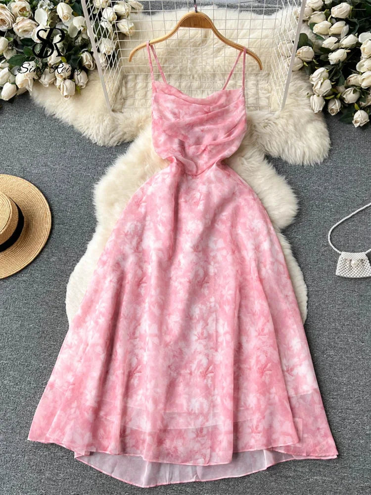 Singiny feminino floral cinta de espaguete vestido elástico ruched sexy oco sem costas vestido de festa verão boho férias praia vestido de verão