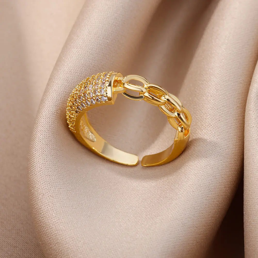 Anéis de cristal de aço inoxidável banhados a ouro para mulheres corrente geometria zircão anel de dedo jóias presente anillos mujer 2025 nova moda