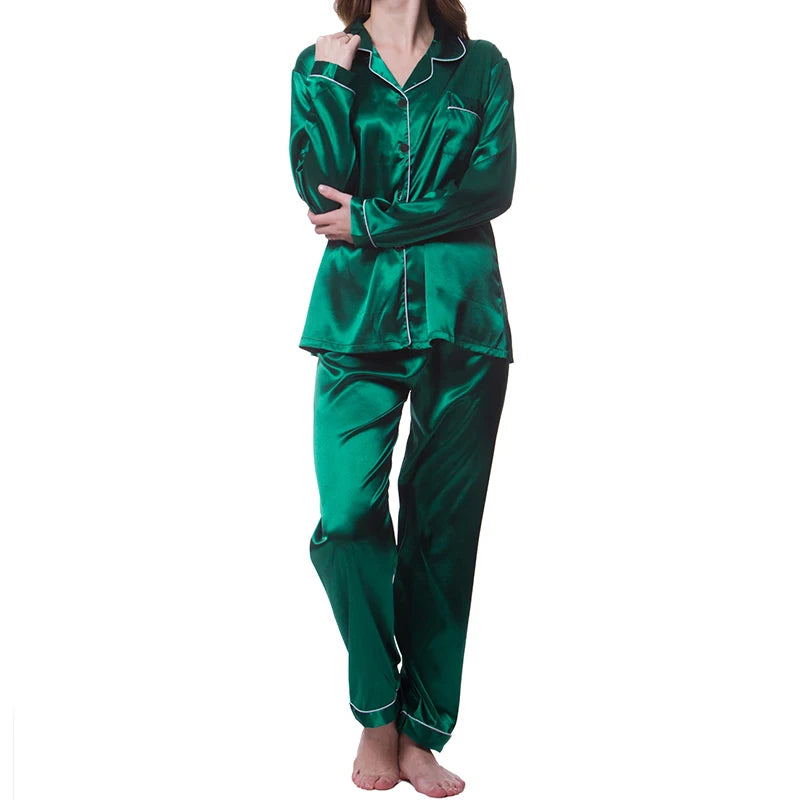 Pijamas femininos simples cetim conjunto de pijama manga longa botões