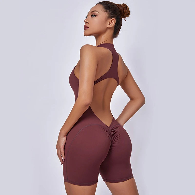 Macacão Esportivo Feminino com Costas V e Franzido, Sem Mangas, com Zíper, Peça Única para Academia, Fitness e Yoga