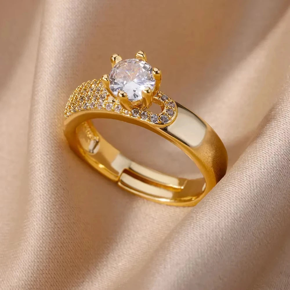 Anéis de cristal de aço inoxidável banhados a ouro para mulheres corrente geometria zircão anel de dedo jóias presente anillos mujer 2025 nova moda