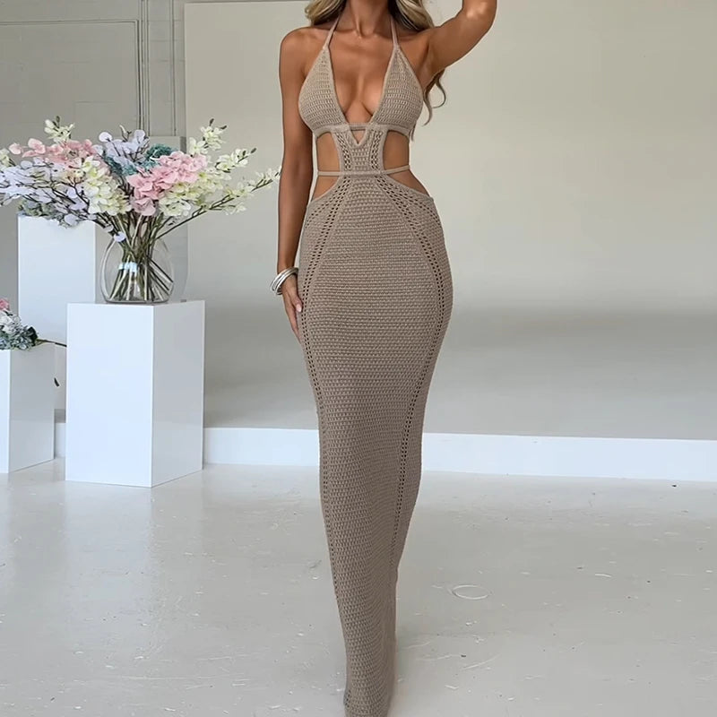 Sexy estilo oco para fora sem costas amarrar vestido feminino praia férias beachwear cobrir tricô sol banho protetor solar vestido longo