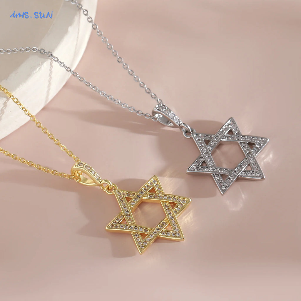 Colar simples estrela de david hexagrama pingente colares zircão cúbico ouro/prata