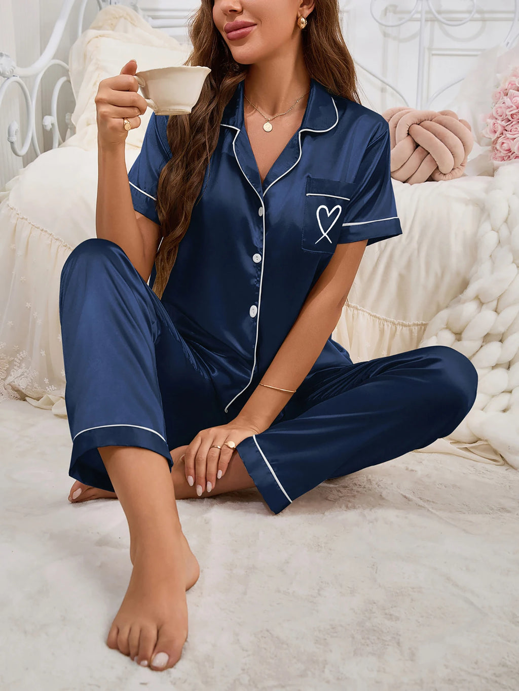 Pijamas femininos simples cetim conjunto de pijama manga longa botões