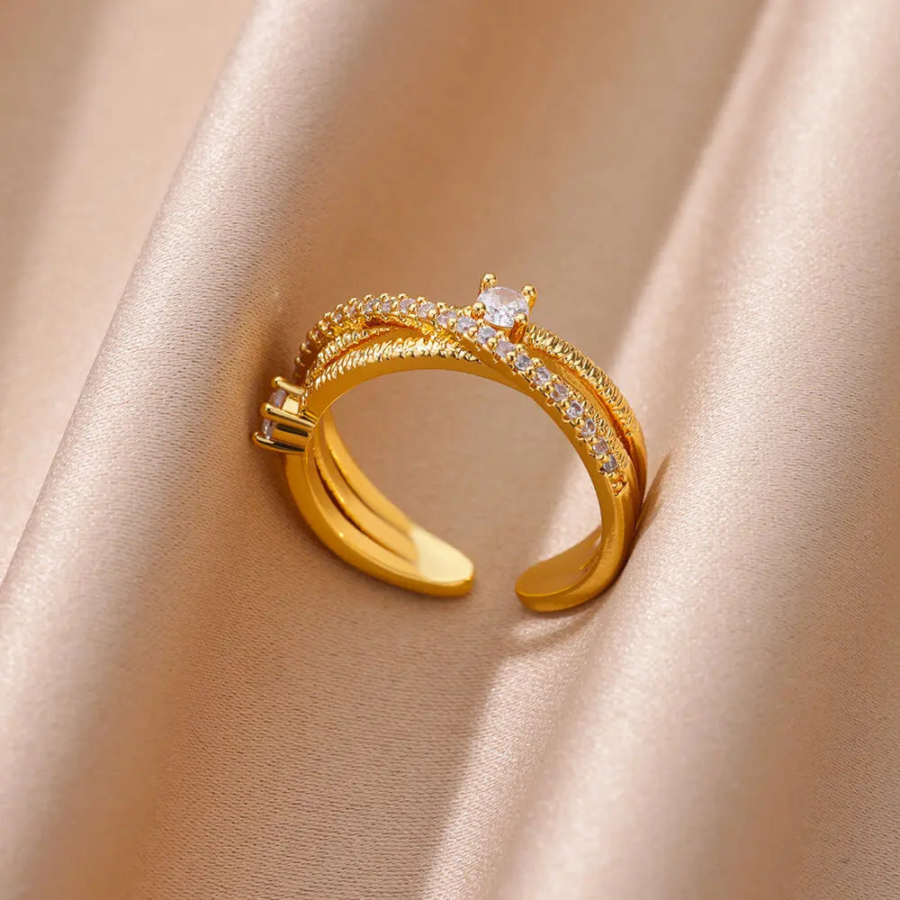 Anéis de cristal de aço inoxidável banhados a ouro para mulheres corrente geometria zircão anel de dedo jóias presente anillos mujer 2025 nova moda