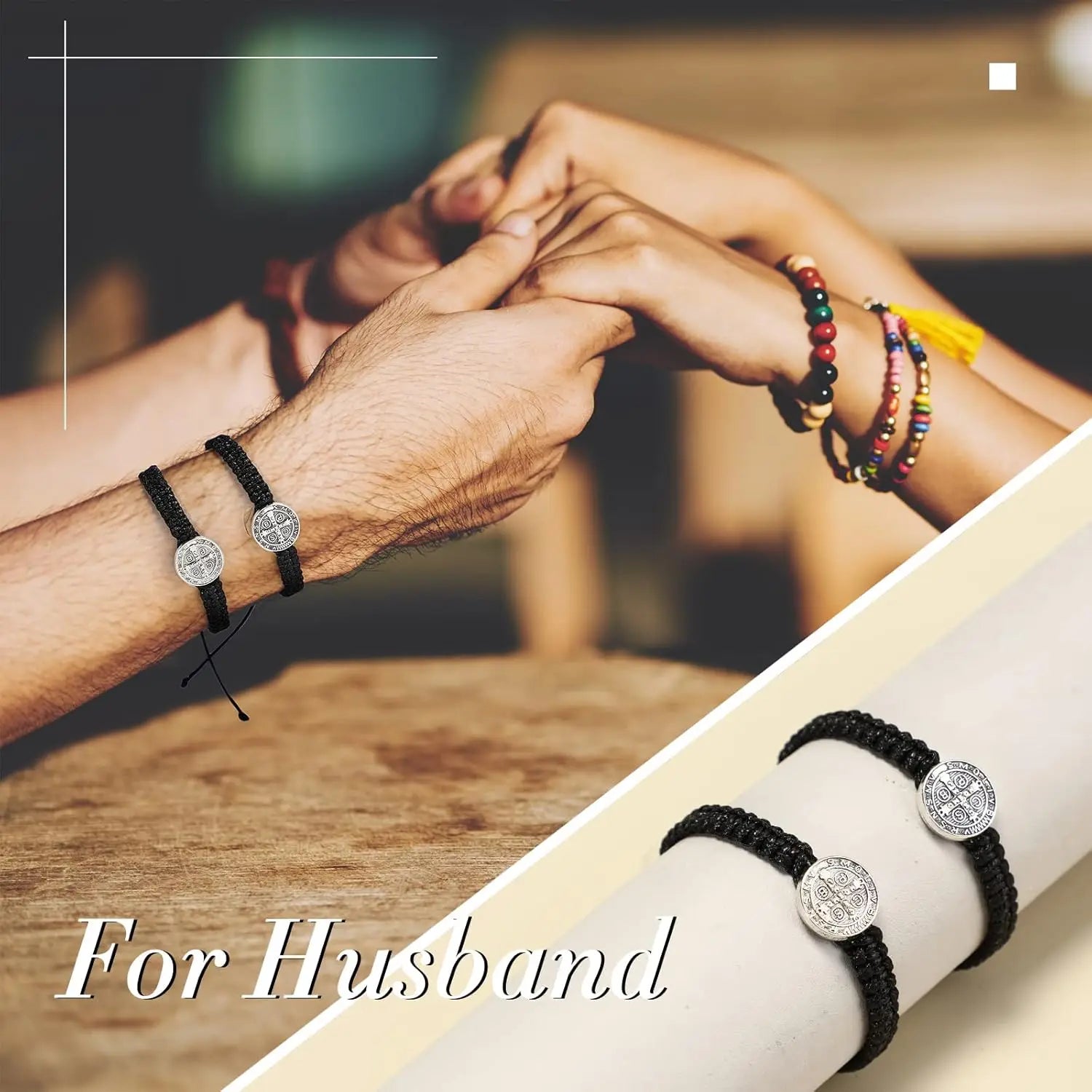 2 peças pulseiras com medalha católica de São Bento, pulseiras ajustáveis de corda preta e vermelha, joias religiosas, presentes para homens e mulheres