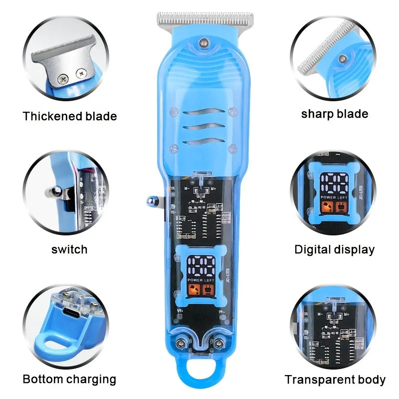 2025 nova máquina de cortar cabelo transparente display energia máquina de cortar cabelo barbeador elétrico masculino aparador para homem dropshipping
