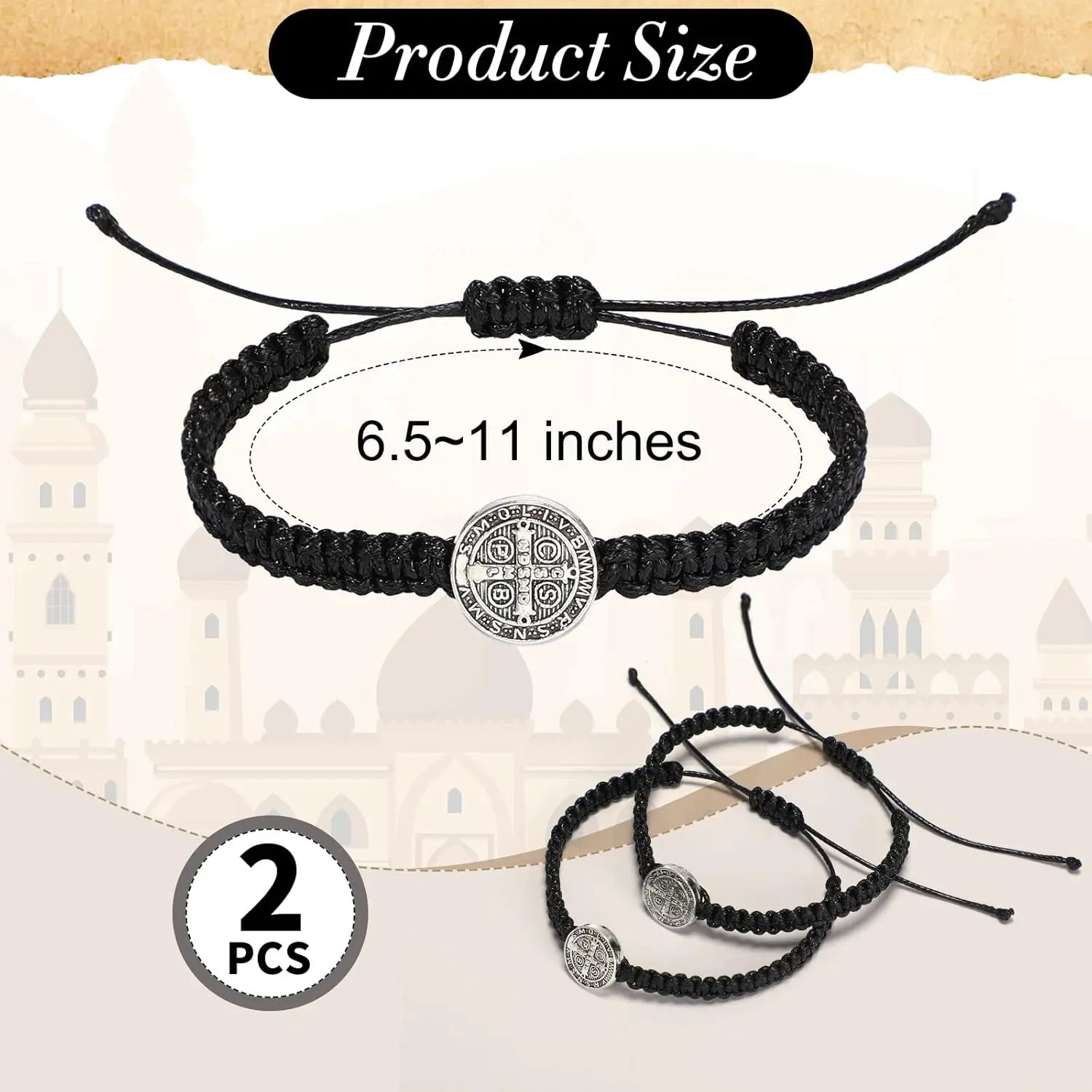 2 peças pulseiras com medalha católica de São Bento, pulseiras ajustáveis de corda preta e vermelha, joias religiosas, presentes para homens e mulheres