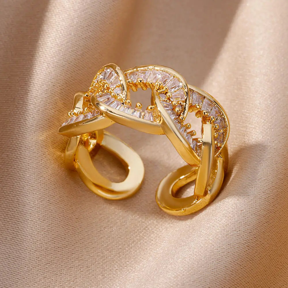 Anéis de cristal de aço inoxidável banhados a ouro para mulheres corrente geometria zircão anel de dedo jóias presente anillos mujer 2025 nova moda