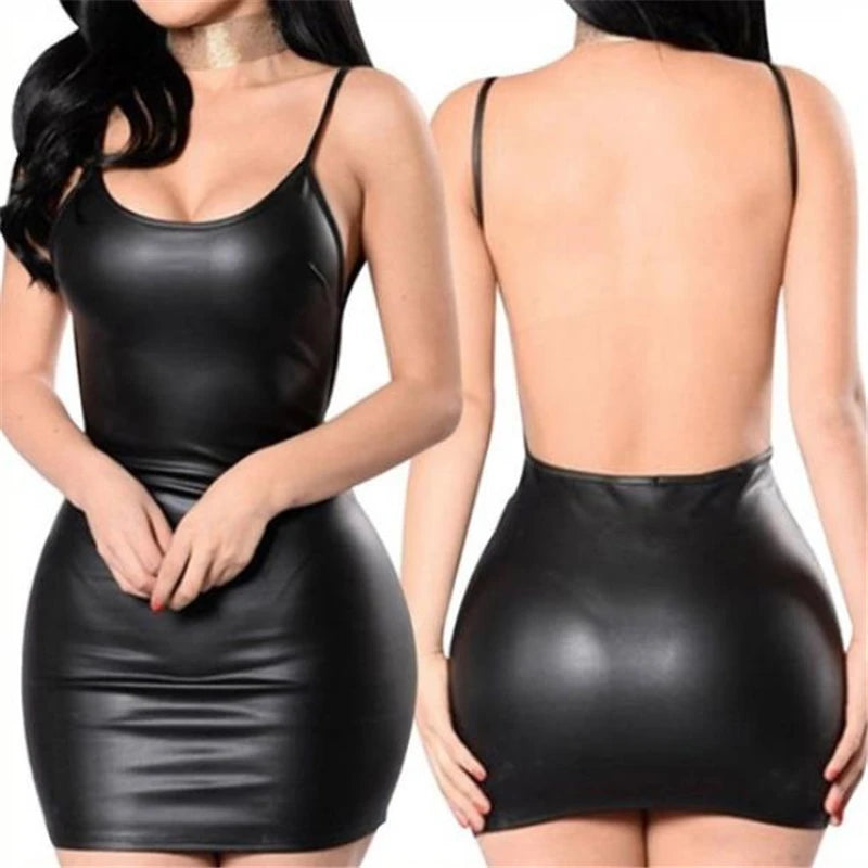Sexy vestido de courosem costas clube festa vestido curto sólido preto molhado olhar látex bodycon push up sutiã mini micro vestido