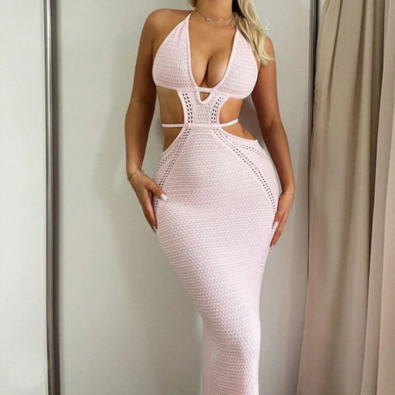 Sexy estilo oco para fora sem costas amarrar vestido feminino praia férias beachwear cobrir tricô sol banho protetor solar vestido longo