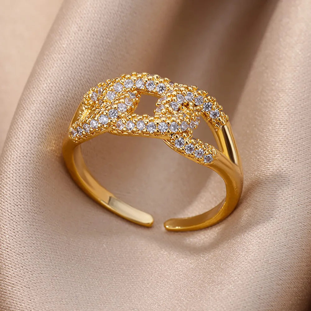 Anéis de cristal de aço inoxidável banhados a ouro para mulheres corrente geometria zircão anel de dedo jóias presente anillos mujer 2025 nova moda