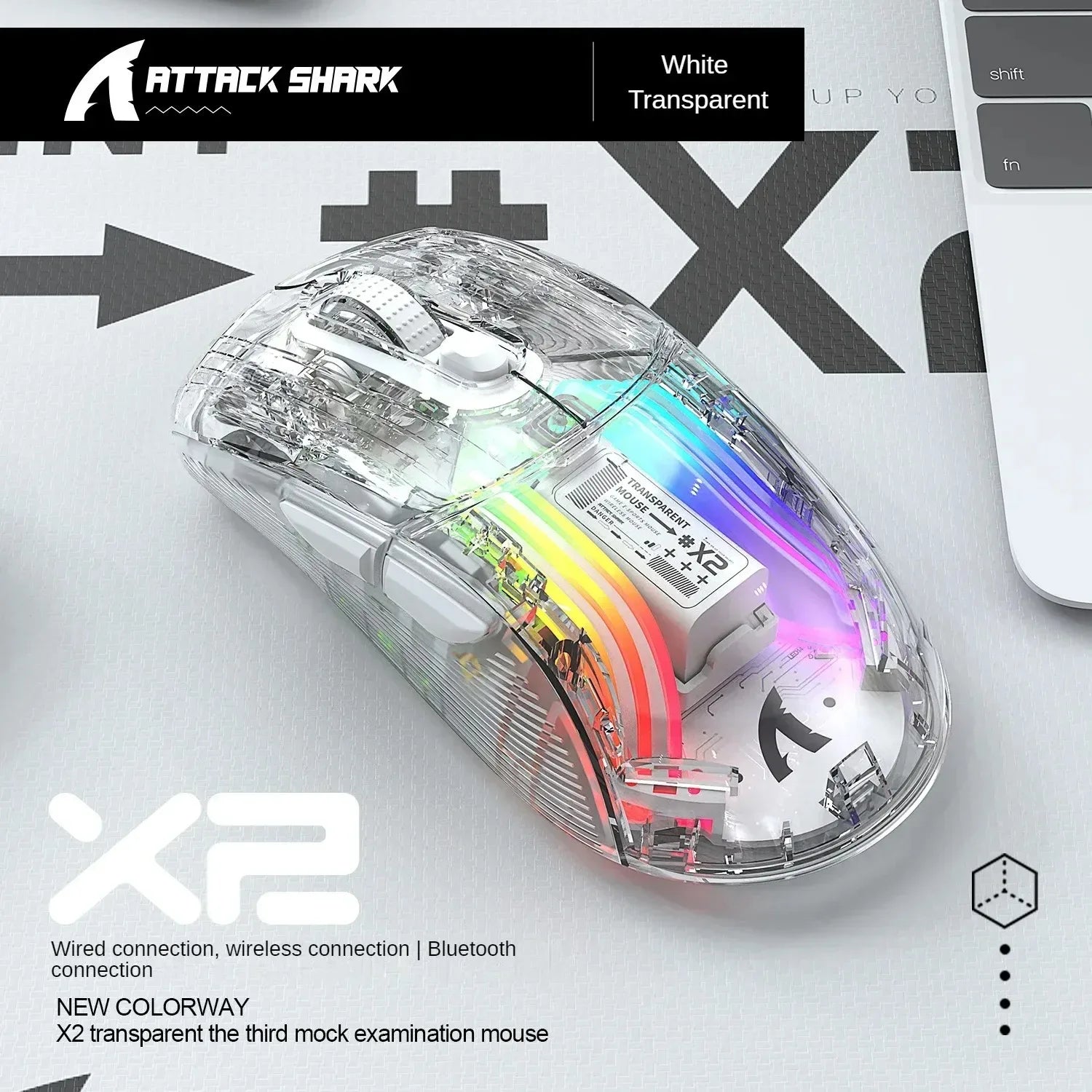 Mouse Attack Shark X2 Pro Tri-Mode Sem Fio Transparente