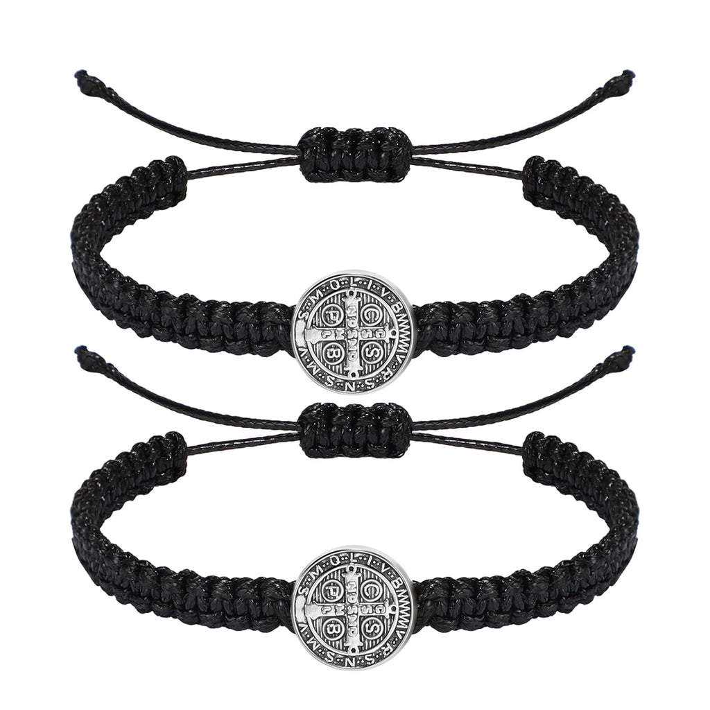 2 peças pulseiras com medalha católica de São Bento, pulseiras ajustáveis de corda preta e vermelha, joias religiosas, presentes para homens e mulheres