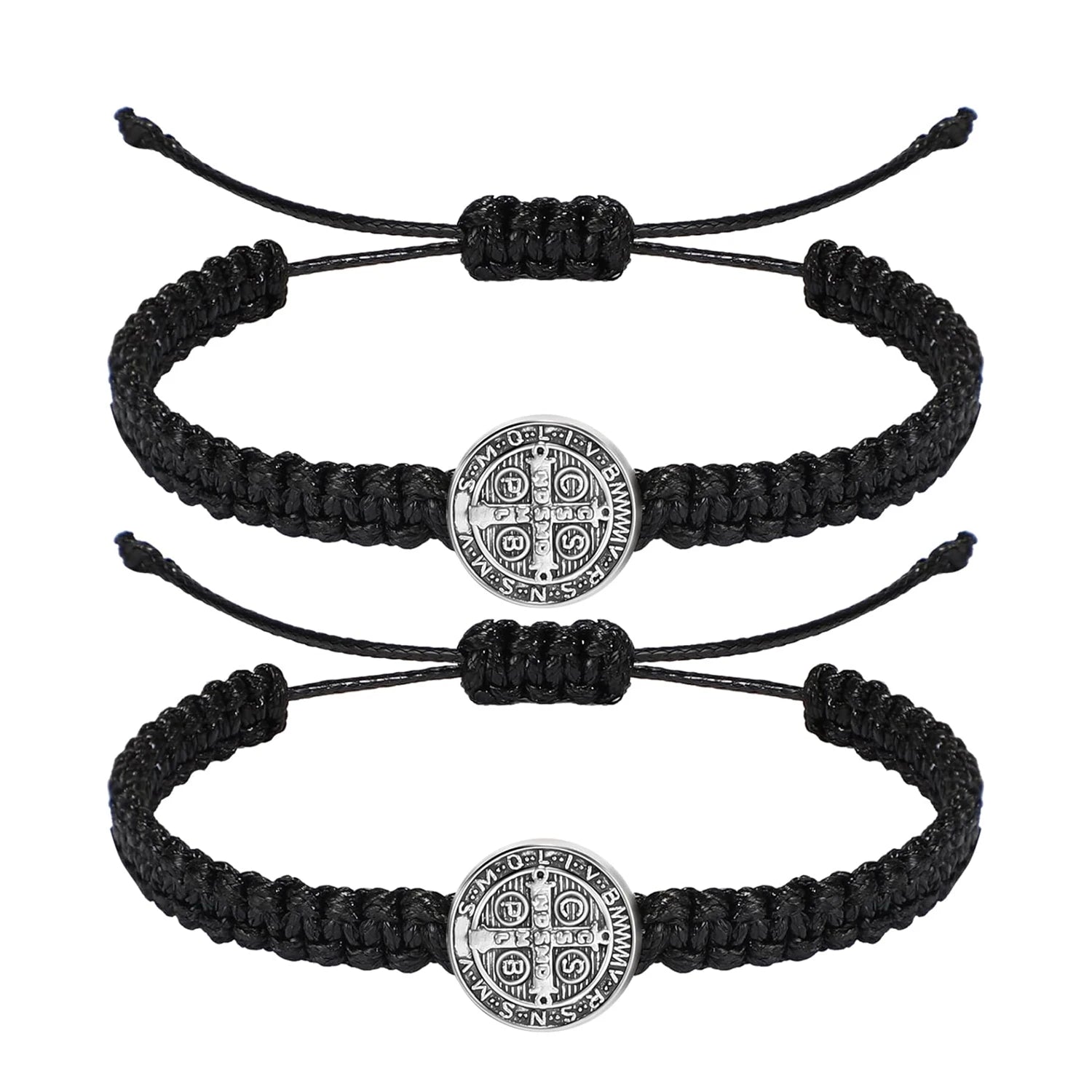 2 peças pulseiras com medalha católica de São Bento, pulseiras ajustáveis de corda preta e vermelha, joias religiosas, presentes para homens e mulheres