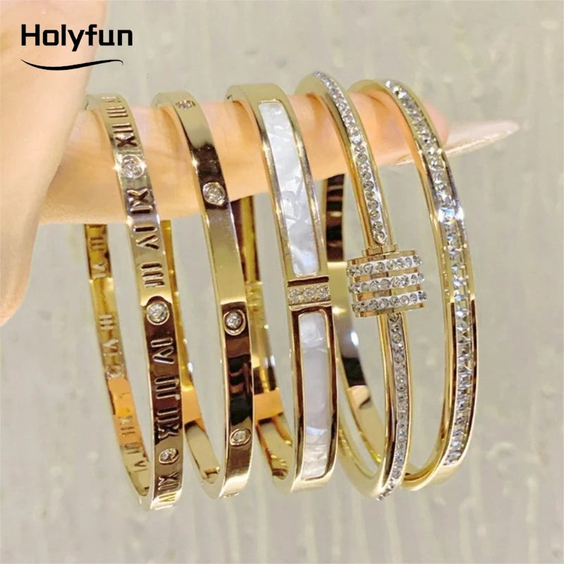 Pulseira clássica design cor dourada à prova d'água aço inoxidável marca de luxo pulseiras de zircônia brilhante para mulheres joias de presente