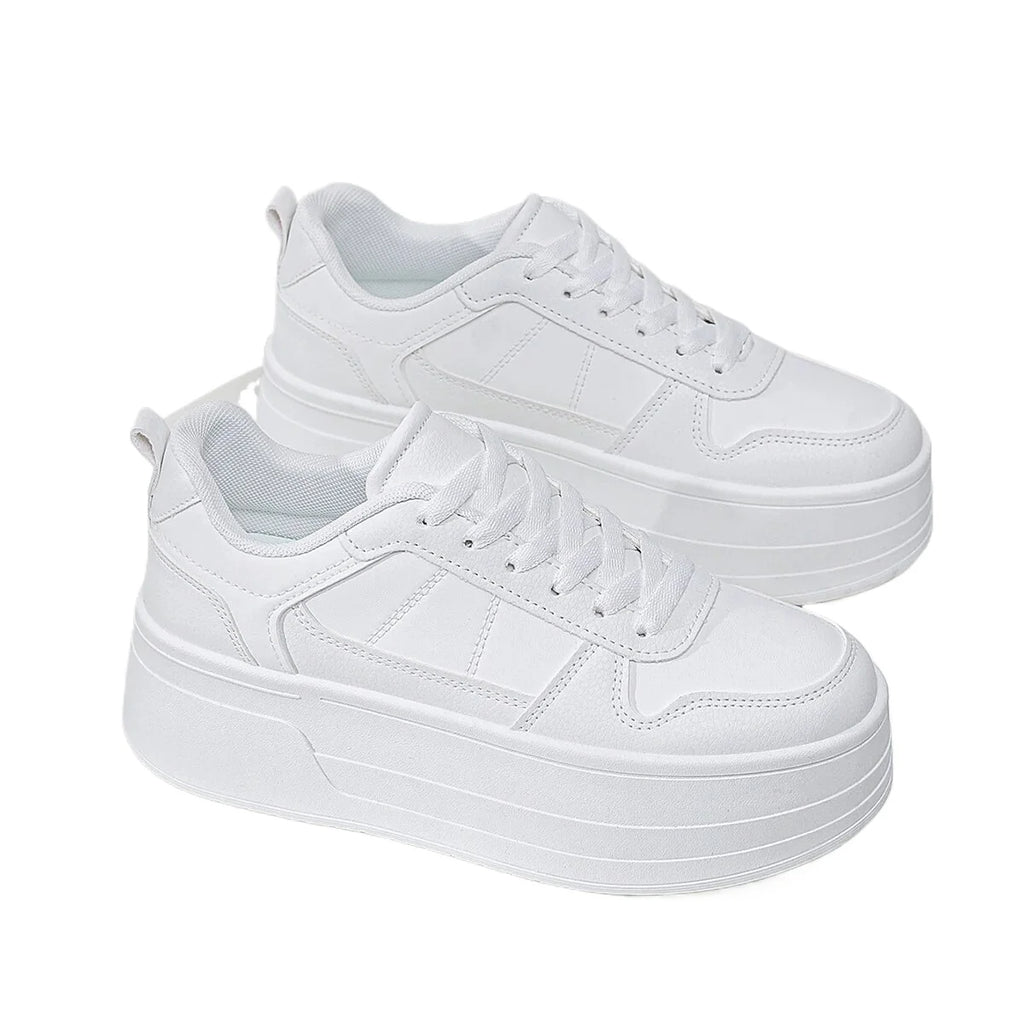 Tenis casual feminino de plataforma, branco, confortável e aumenta a altura em 5cm