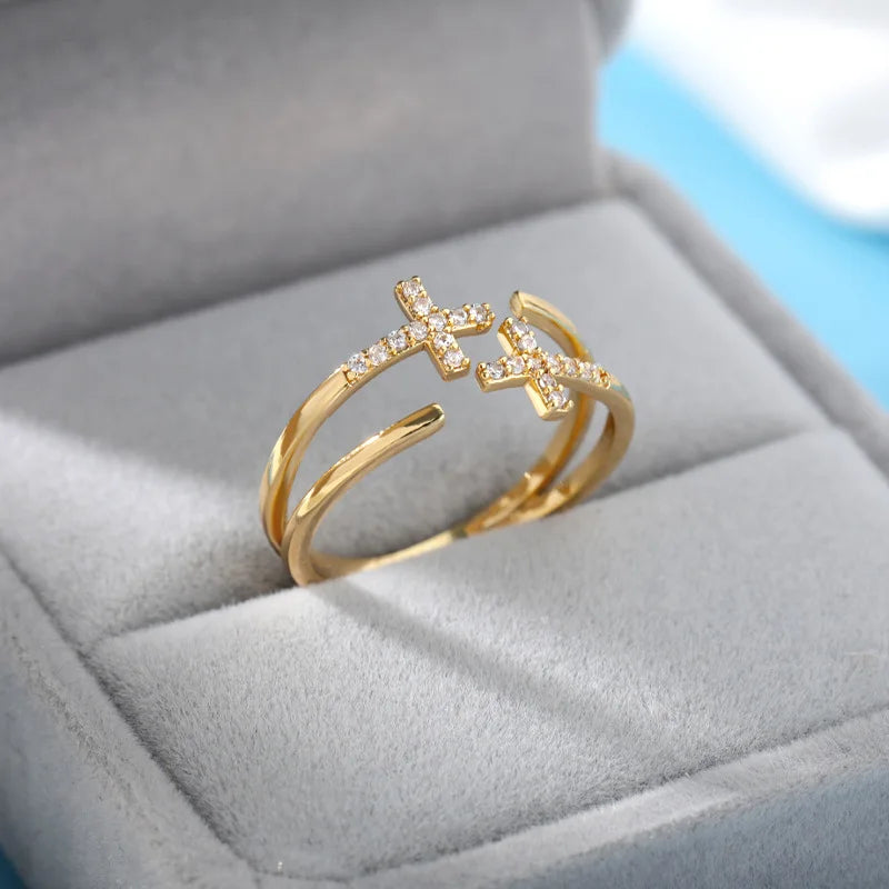 Anéis de cristal de aço inoxidável banhados a ouro para mulheres corrente geometria zircão anel de dedo jóias presente anillos mujer 2025 nova moda