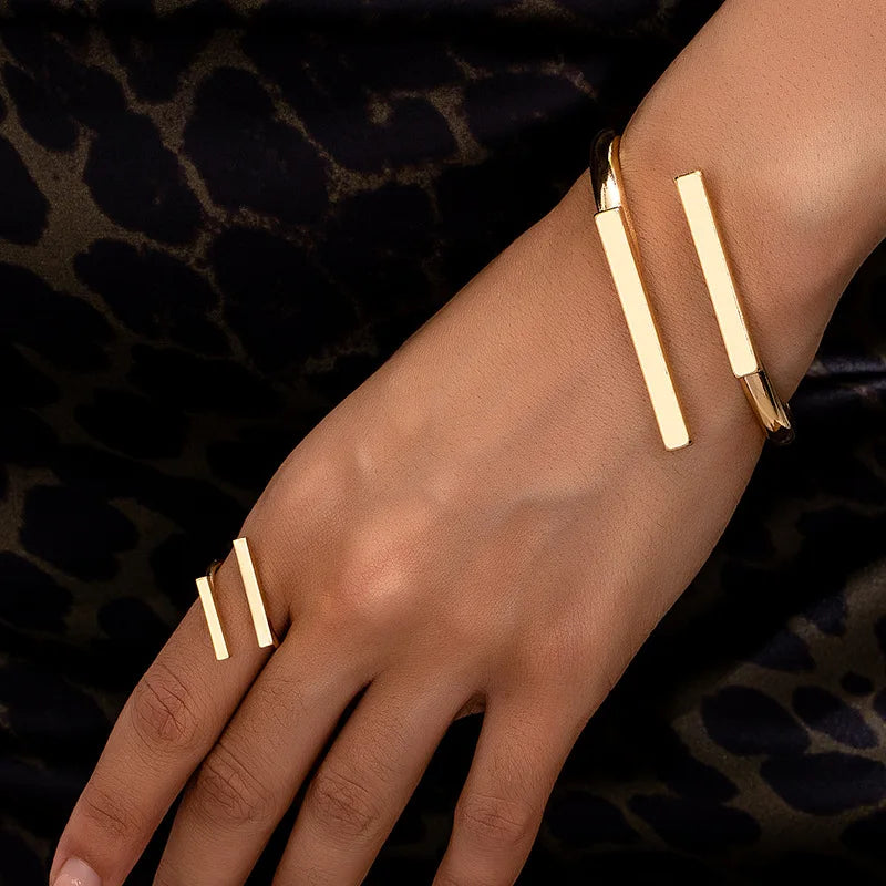 2 pçs nova moda design simples geométrico aberto pulseira anel conjunto, tendência personalizada feminina acessórios de festa de férias presentes