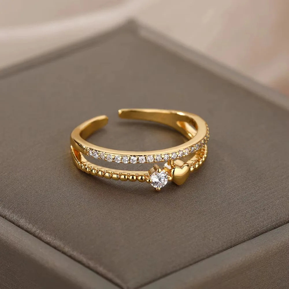 Anéis de cristal de aço inoxidável banhados a ouro para mulheres corrente geometria zircão anel de dedo jóias presente anillos mujer 2025 nova moda