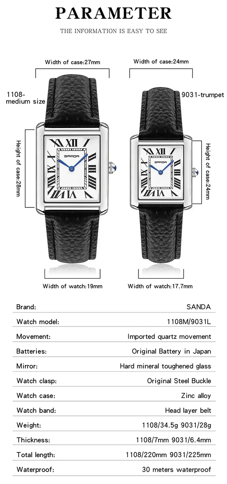 Sanda 9031/1108 pulseira de couro resistente mostrador quadrado à prova d'água esporte casual feminino masculino relógios de quartzo reloj relógio de casal de luxo
