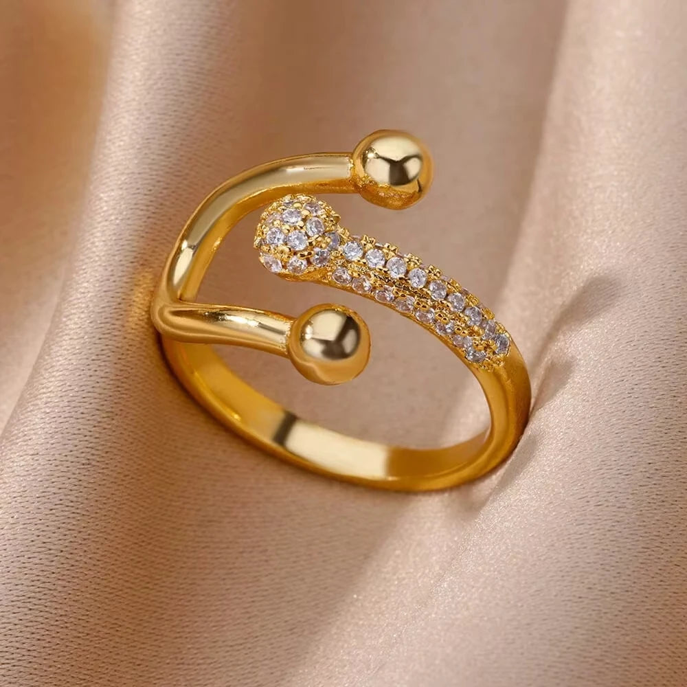 Anéis de cristal de aço inoxidável banhados a ouro para mulheres corrente geometria zircão anel de dedo jóias presente anillos mujer 2025 nova moda