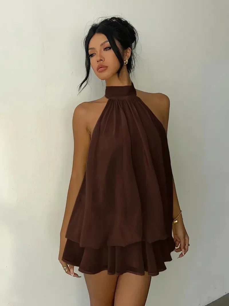 Vestido Feminino Halter Neck, Saia Mini de Chiffon Transparente com Amarração Frontal e Costas Abertas, Vestido de Festa de Aniversário Y2K Vintage Sexy e Moderno