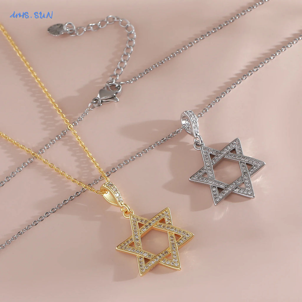 Colar simples estrela de david hexagrama pingente colares zircão cúbico ouro/prata