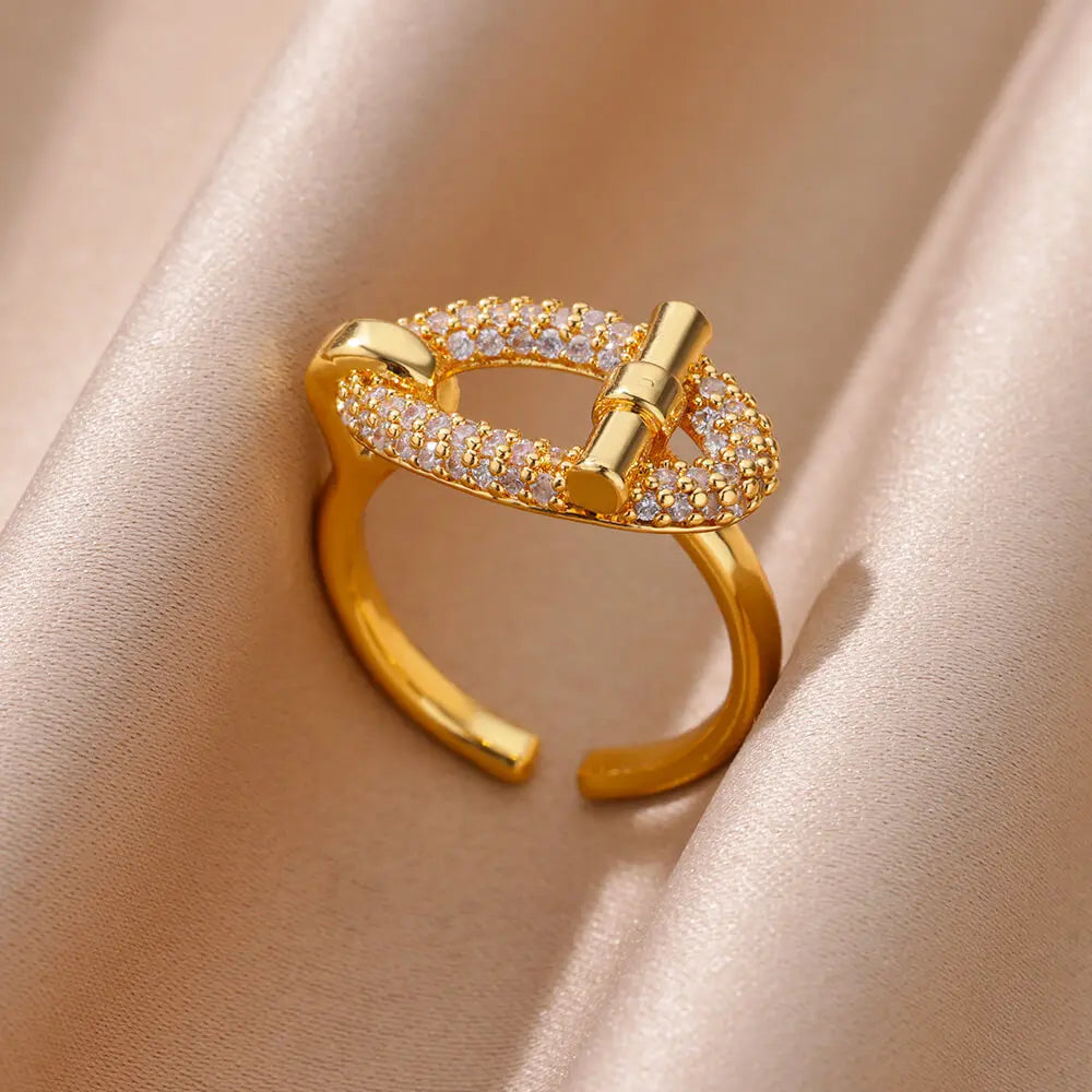 Anéis de cristal de aço inoxidável banhados a ouro para mulheres corrente geometria zircão anel de dedo jóias presente anillos mujer 2025 nova moda