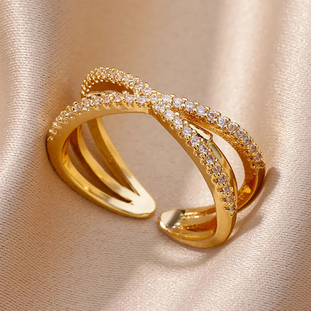 Anéis de cristal de aço inoxidável banhados a ouro para mulheres corrente geometria zircão anel de dedo jóias presente anillos mujer 2025 nova moda