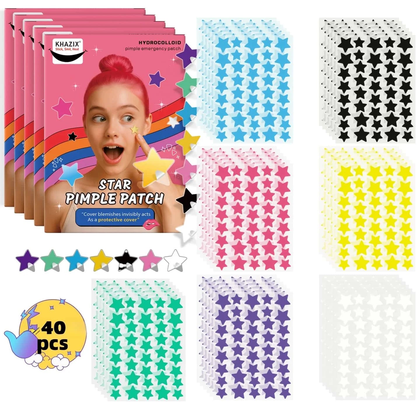 40 peças de remendos de acne estrela multicoloridos adesivos corretivos de acne