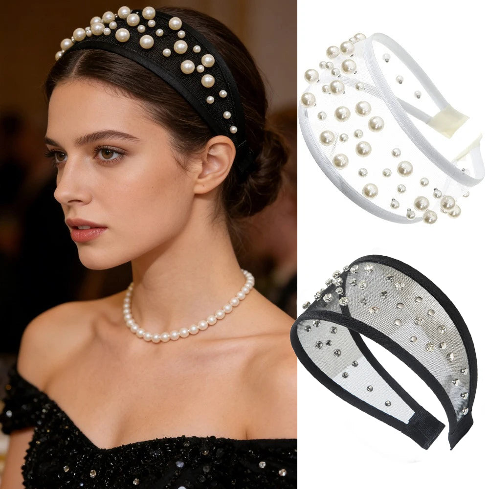 Tiara Elegante de Pérolas e Strass para Mulheres, Faixa de Cabelo Luxuosa Acolchoada