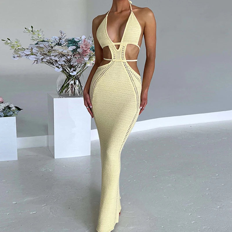 Sexy estilo oco para fora sem costas amarrar vestido feminino praia férias beachwear cobrir tricô sol banho protetor solar vestido longo