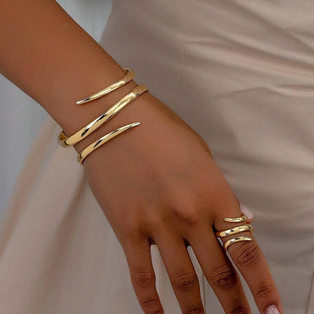 2 pçs nova moda design simples geométrico aberto pulseira anel conjunto, tendência personalizada feminina acessórios de festa de férias presentes