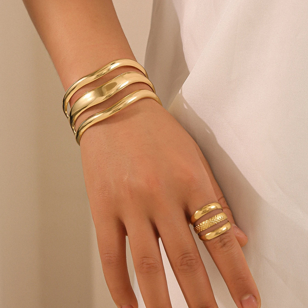 2 pçs nova moda design simples geométrico aberto pulseira anel conjunto, tendência personalizada feminina acessórios de festa de férias presentes