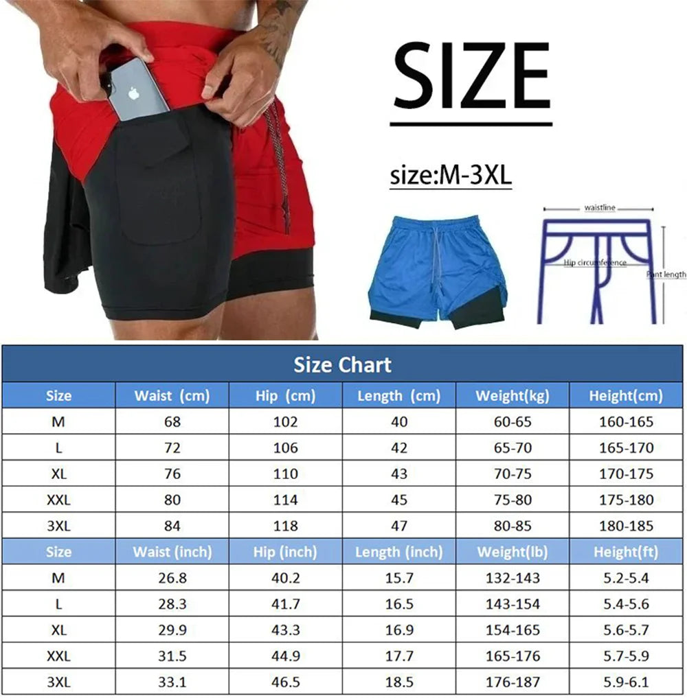 Calções Esportivos Dois-em-Um Masculino, Respirável, Casual, Secagem Rápida, Dupla Camada, Corrida, Bottoms de Roupa Esportiva, Verão, M-3XL