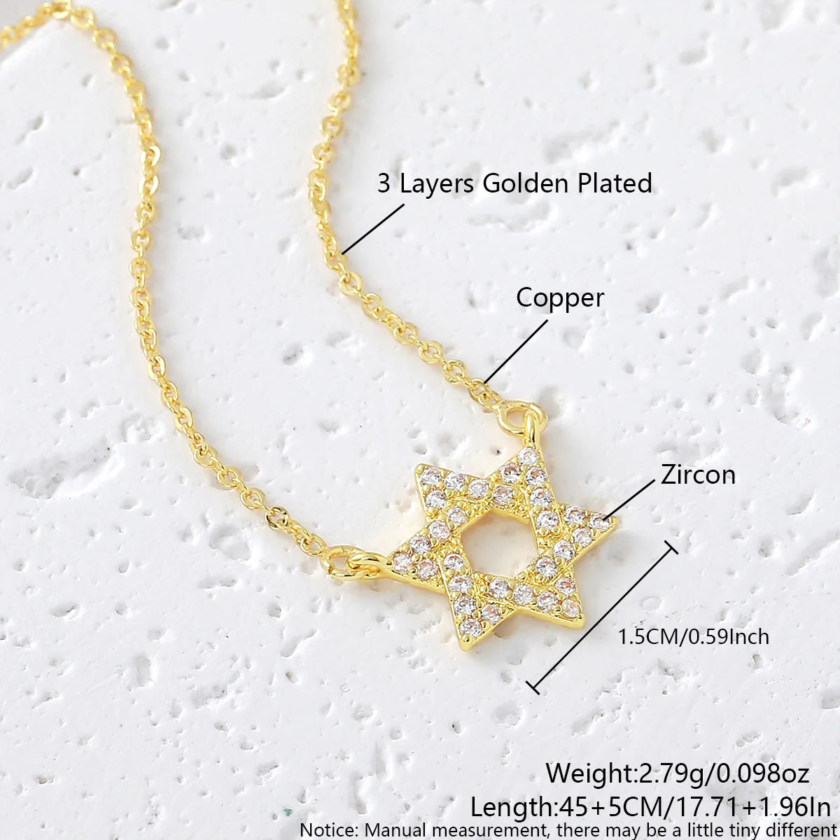 Colar simples estrela de david hexagrama pingente colares zircão cúbico ouro/prata