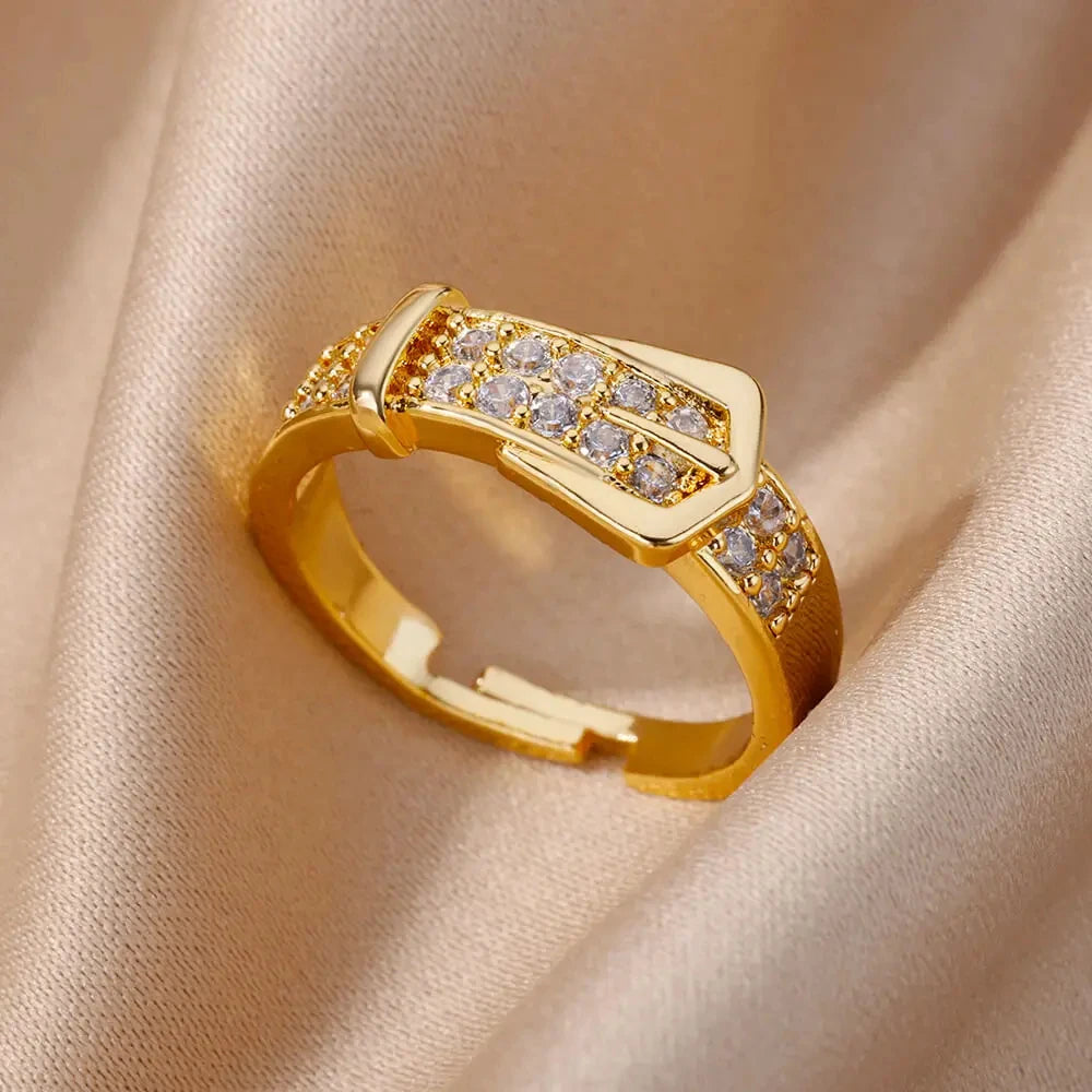 Anéis de cristal de aço inoxidável banhados a ouro para mulheres corrente geometria zircão anel de dedo jóias presente anillos mujer 2025 nova moda